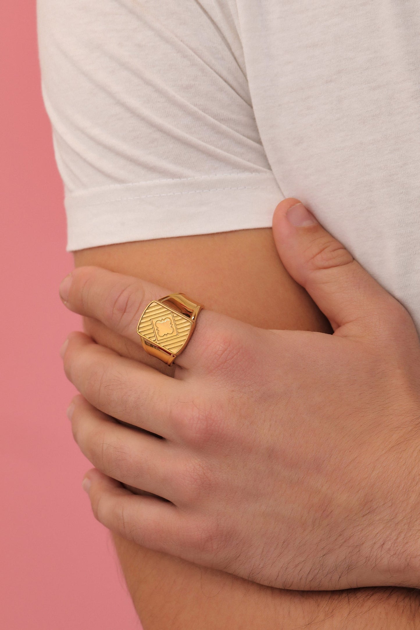 Square Ribbed Men's Gold Signet Ring