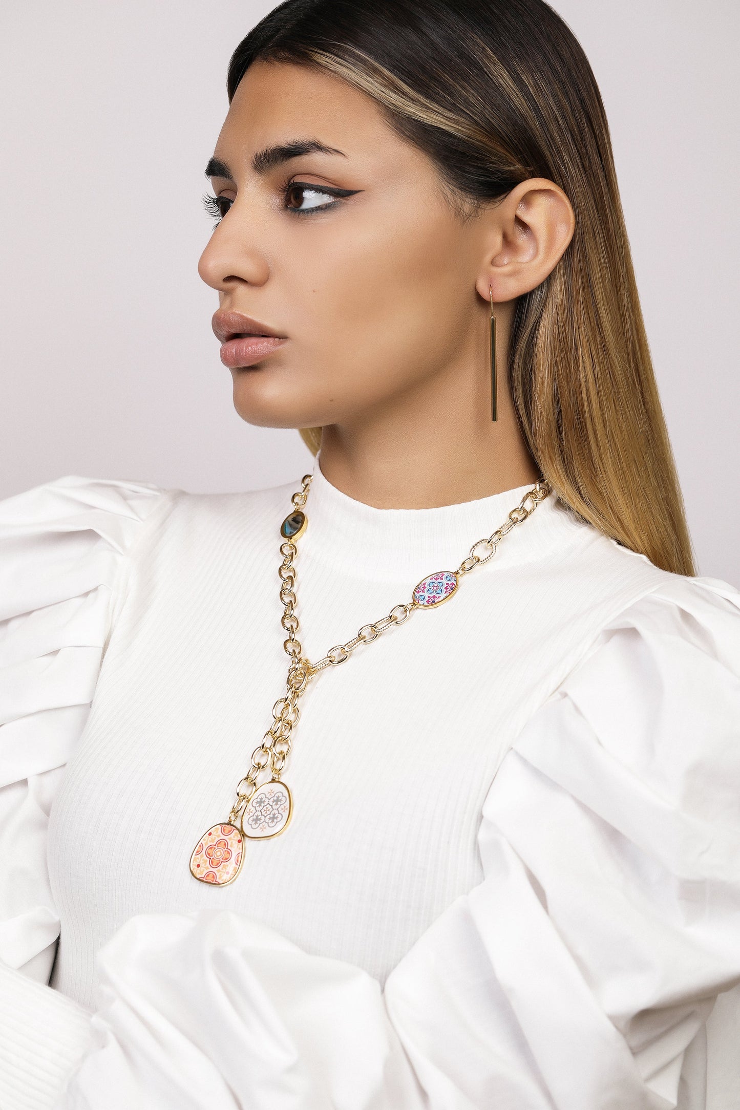 Maltese Tile & Stone Crossed Chain Necklace