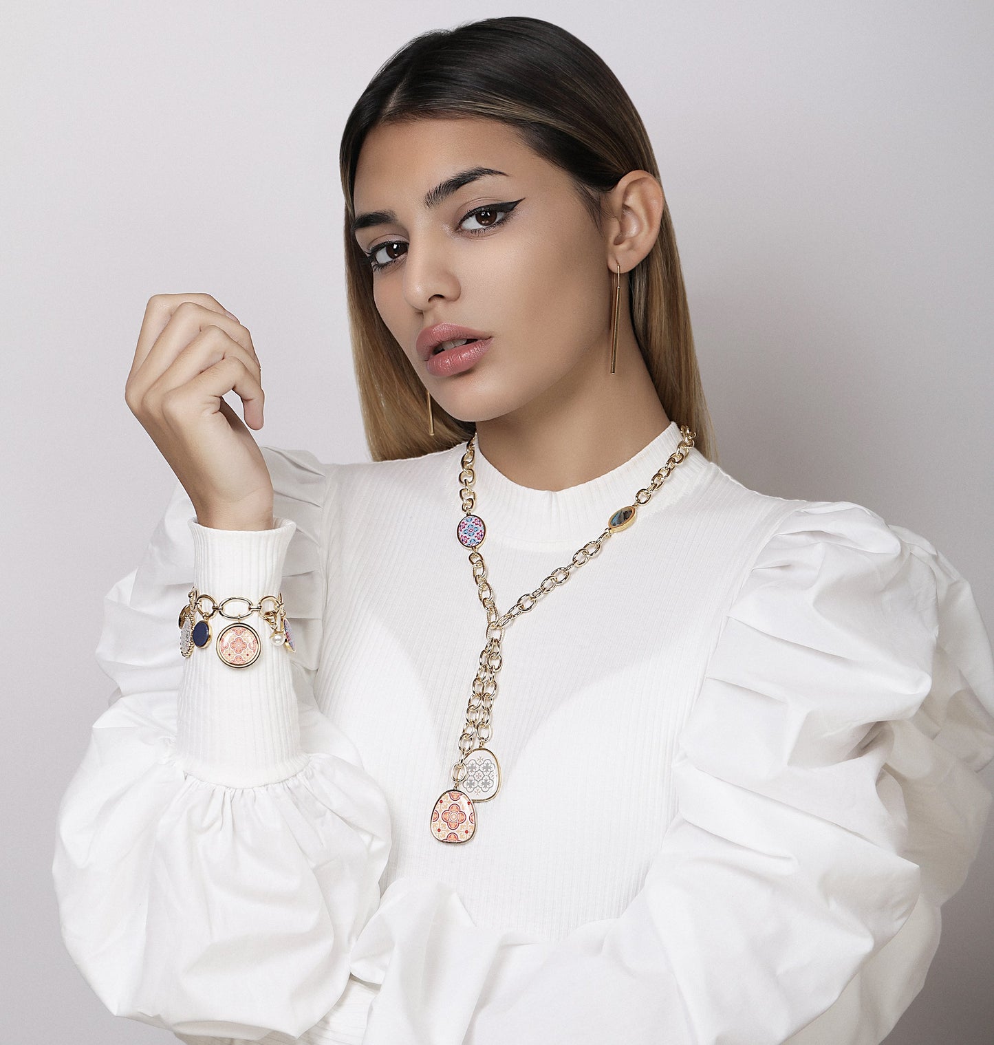 Maltese Tile & Stone Crossed Chain Necklace