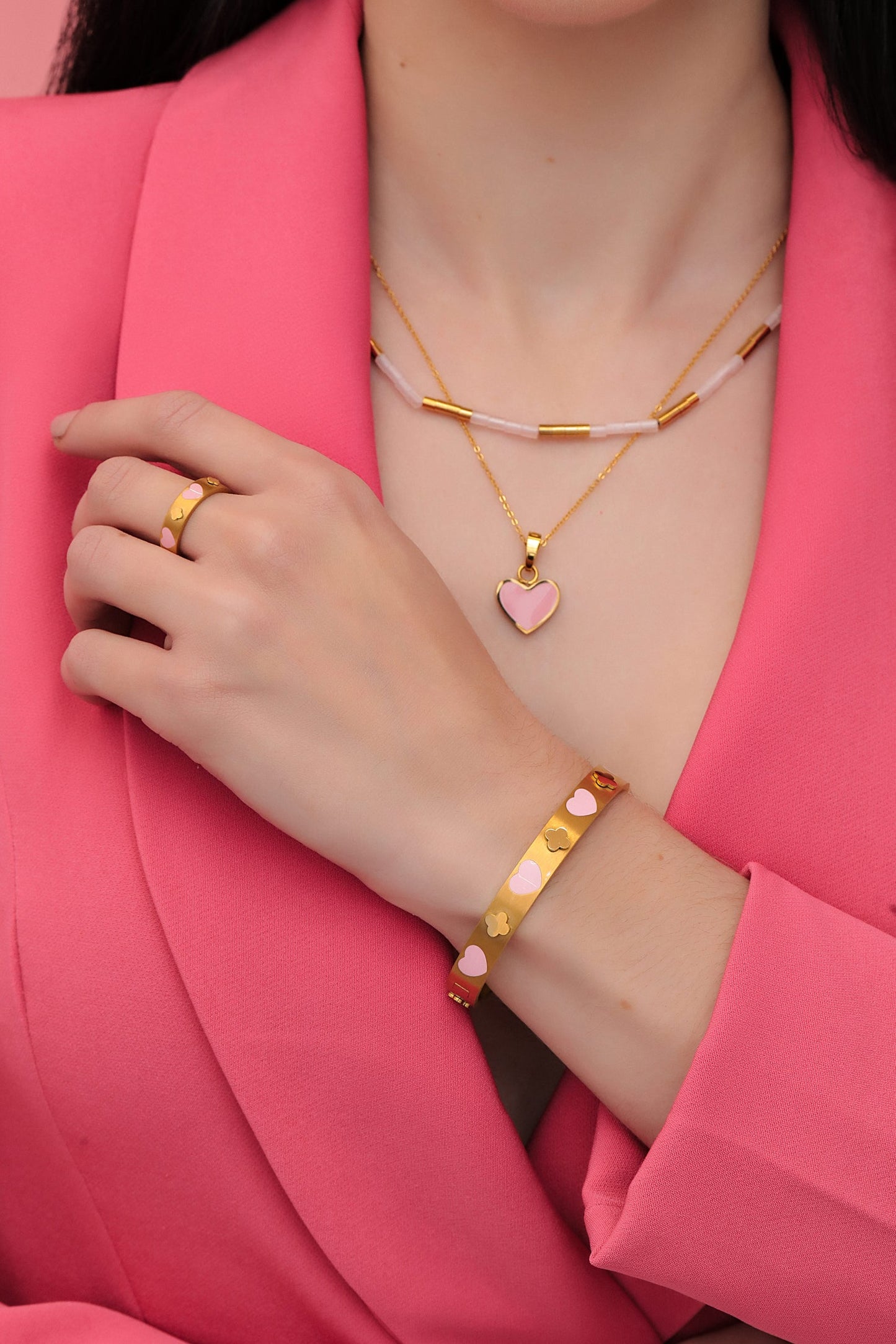 Pink Heart Enamel Bangle
