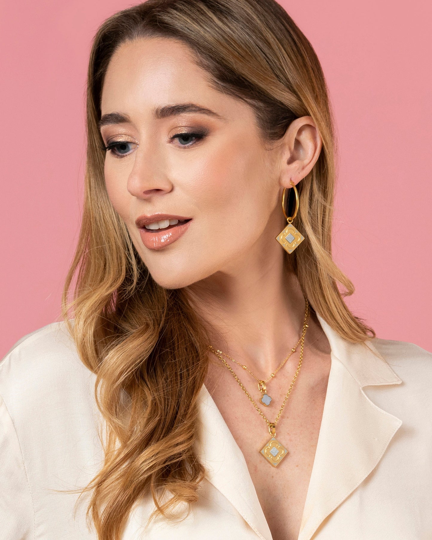 Rock Quartz Logo Stone Pendant Earring Set