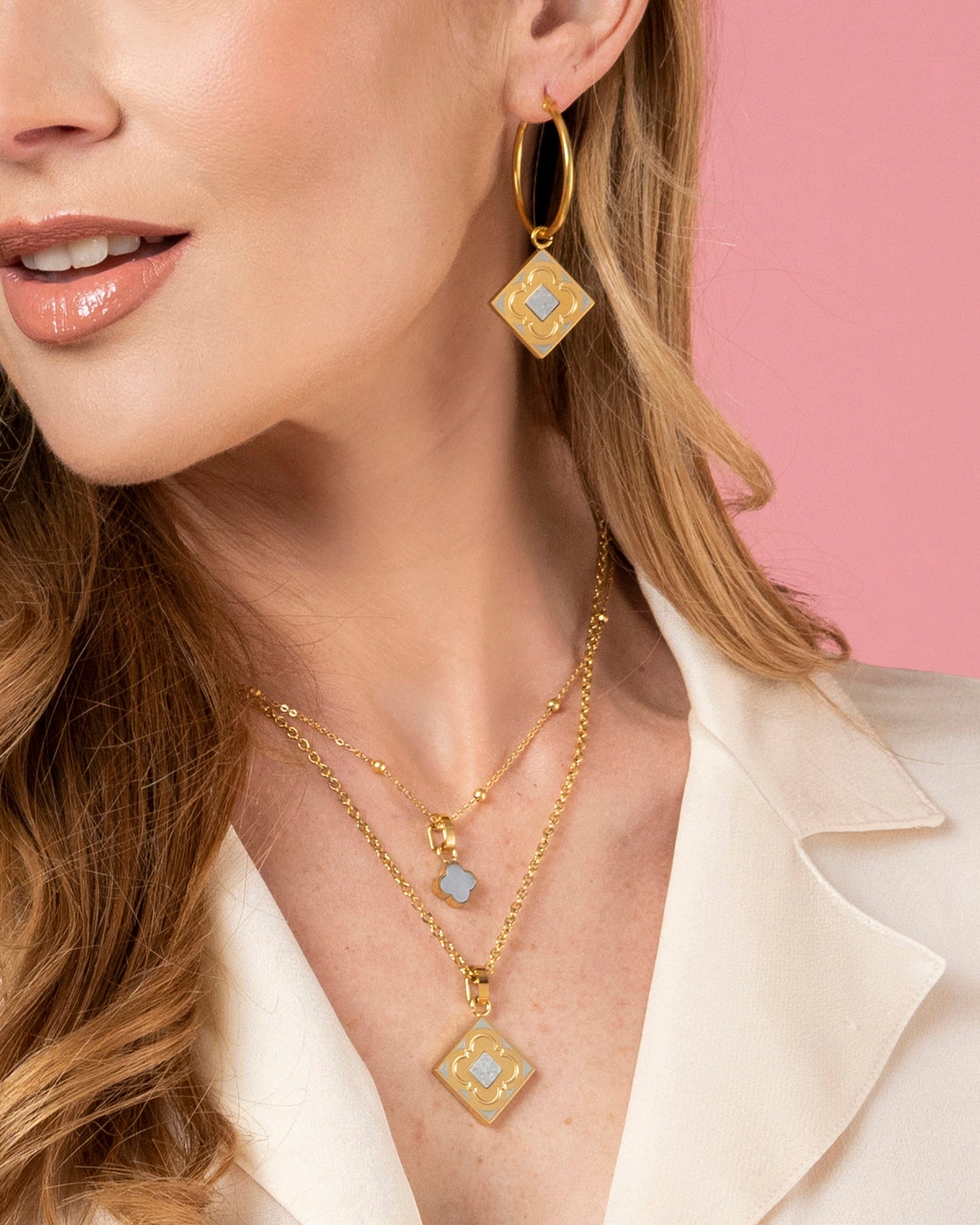 Rock Quartz Logo Stone Pendant Earring Set