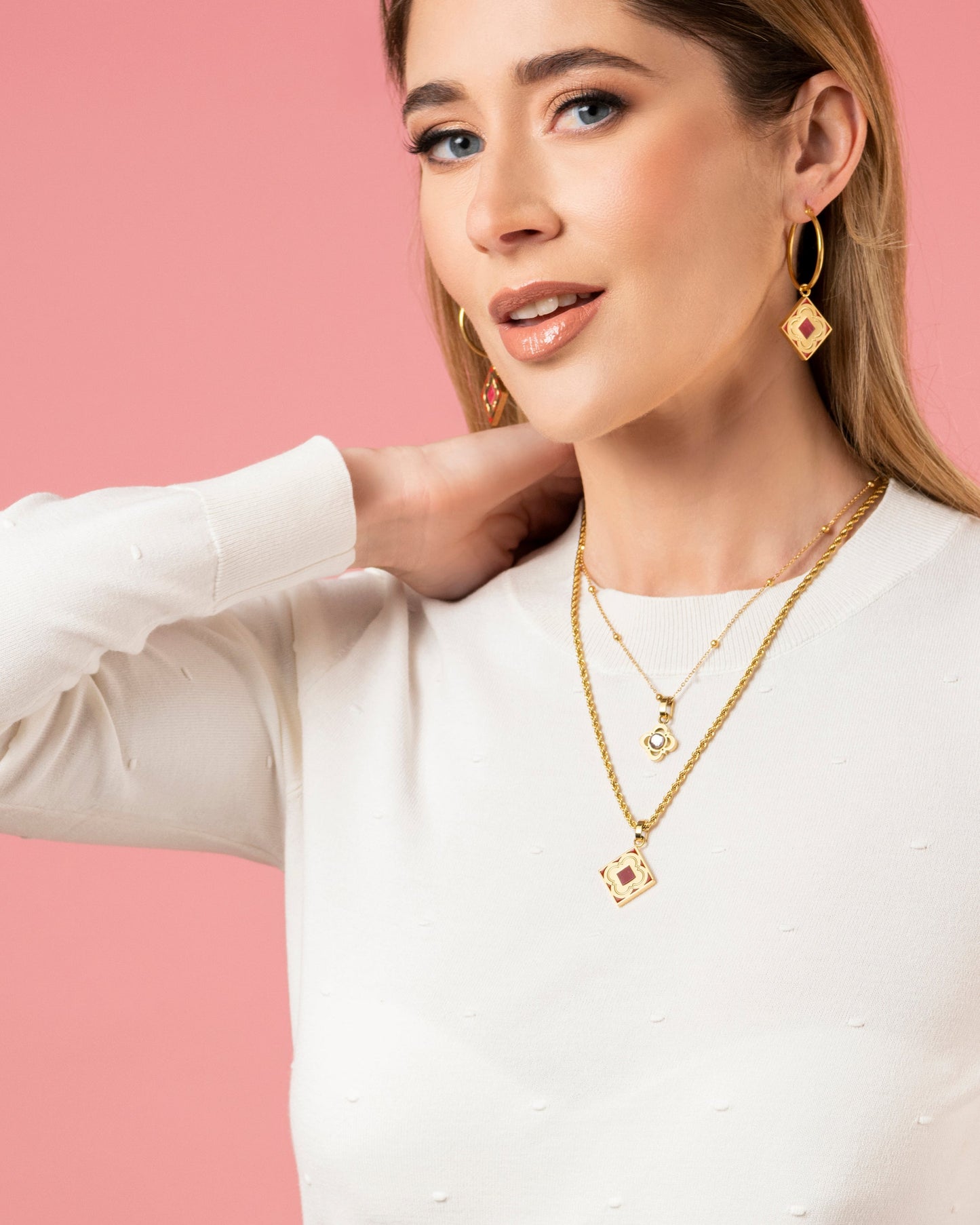 Red Carnelian Logo Stone Pendant Earring Set