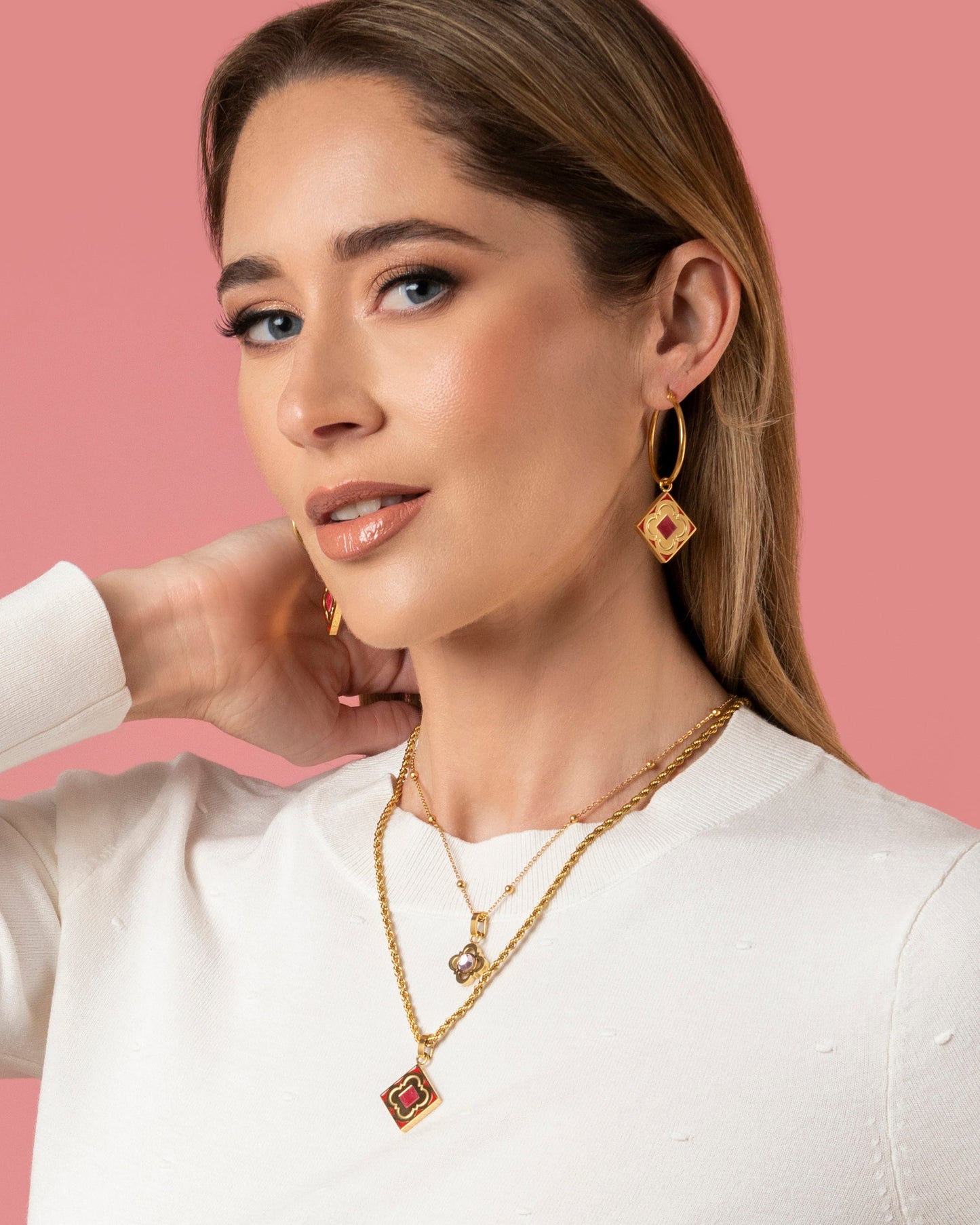 Red Carnelian Logo Stone Pendant Earring Set
