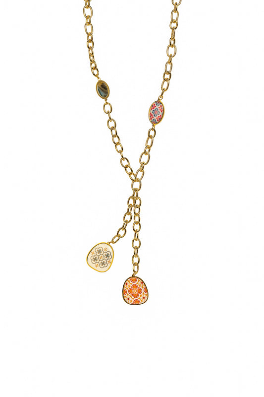 Maltese Tile & Stone Crossed Chain Necklace