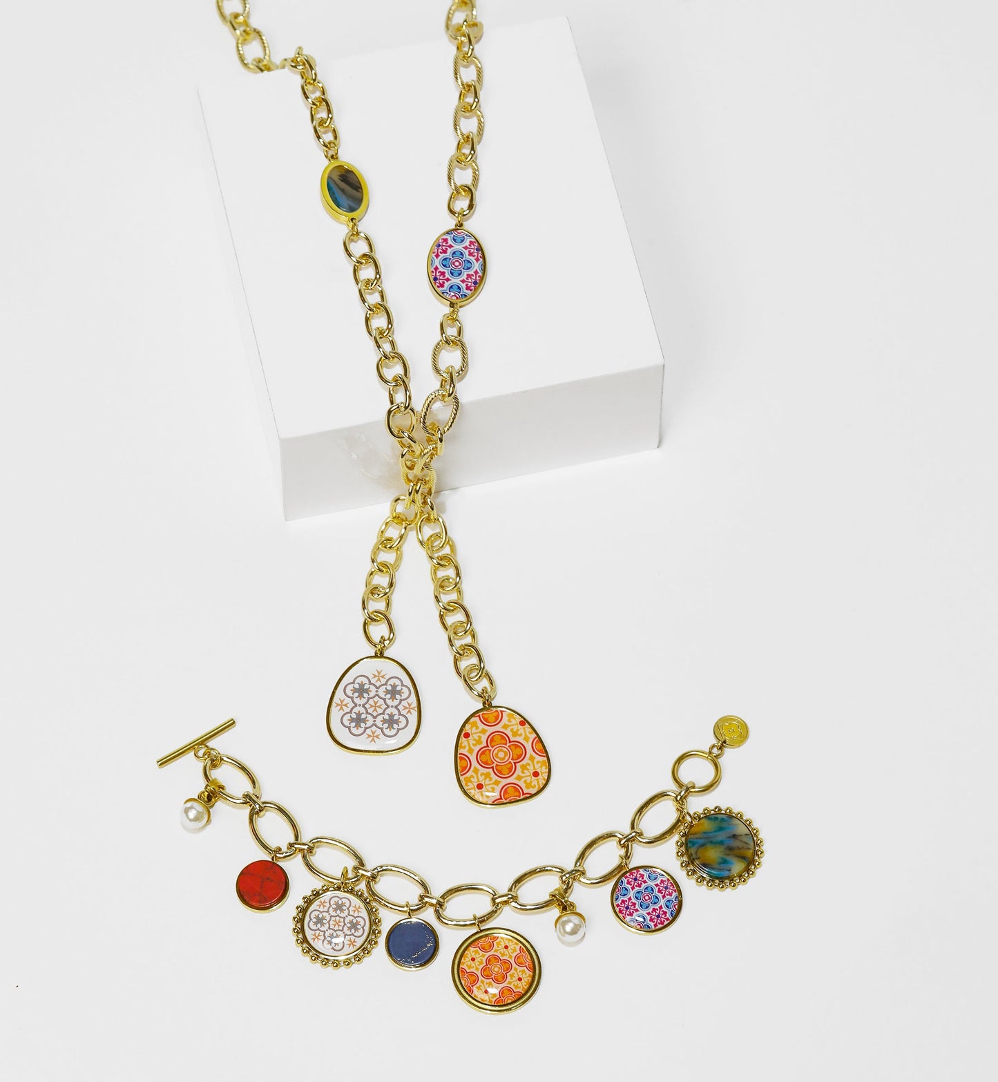 Maltese Tile & Stone Crossed Chain Necklace