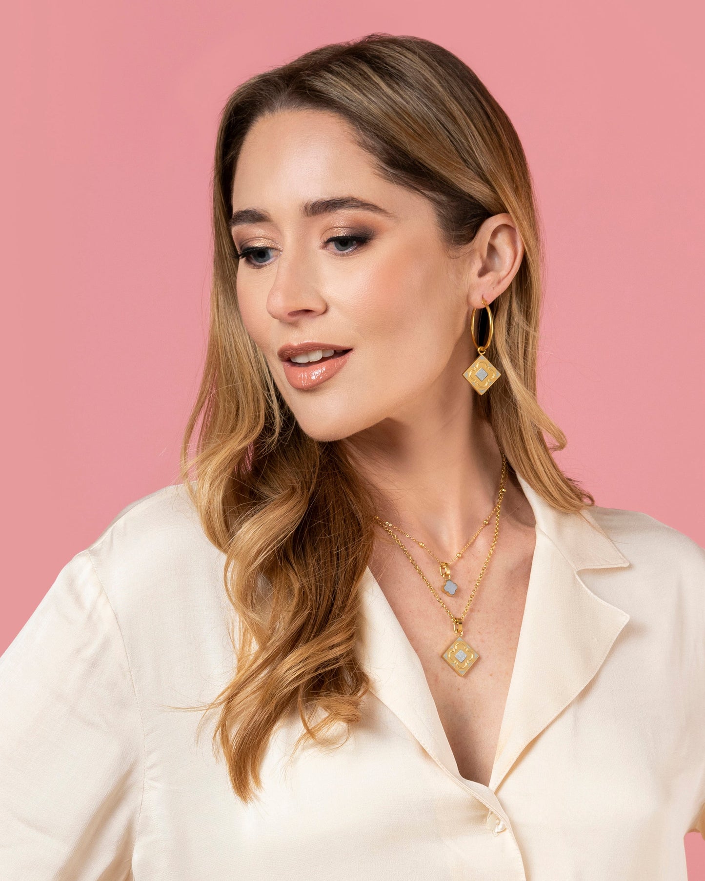 Rock Quartz Logo Stone Pendant Earring Set