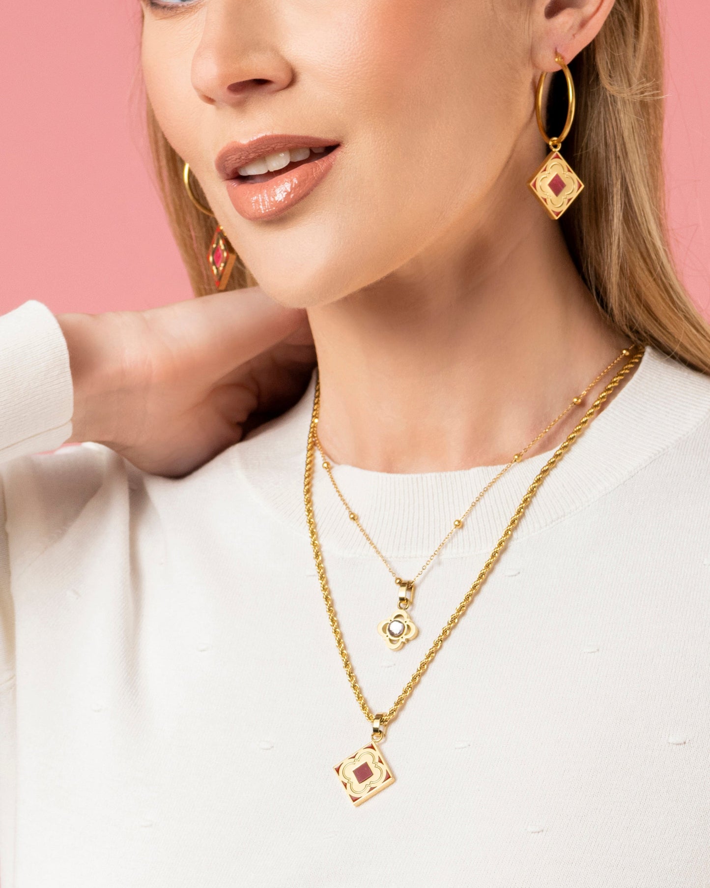 Red Carnelian Logo Stone Pendant Earring Set